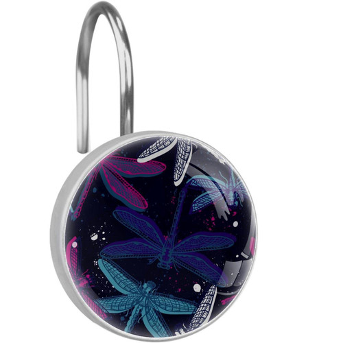 Dragonflies Shower Curtain Hooks Round Crystal Glass, Set of 12 Shower Curtain Rings - Shower Hooks for Curtain Shower Rings