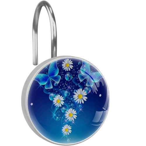 Butterflies with Bubbles and Daisy Shower Curtain Hooks Round Crystal Glass, Set of 12 Shower Curtain Rings - Shower Hooks for Curtain Shower Rings