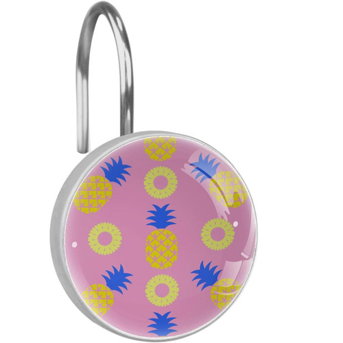 Shower Curtain Hooks Round Crystal Glass, Set of 12 Shower Curtain Rings - Shower Hooks for Curtain Shower Rings - Pop Pineapple Pattern Pink