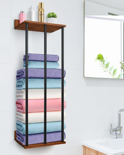 WeGXY Towel Racks for Bathroom Wall Mounted, Wall Towel Rack for Rolled Towels,Metal Towel Holder with Wooden Shelf,Towel Storage Organizer for Small Bathroom