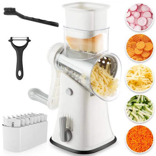 Cheese Grater with Handle 5 in 1, Cheese Shredder Rotary Handheld, Vegetable Potato Slicer Carrot Shredder Cutter, Veggie Slicer, Multifunction Grater for Kitchen, White