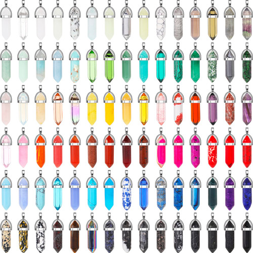 90 Pcs Crystal Pendants Hexagonal Chakra Healing Stone Bullet Shaped Gemstone Pointed Natural Quartz Charm Pendants with Storage Bag for DIY Necklace Earring Jewelry Making 90 Pcs Crystal Pendants Hexagonal Chakra Healing Stone Bullet Shaped Gemstone Pointed Natural Quartz Charm Pendants with Storage Bag for DIY Necklace Earring Jewelry Making