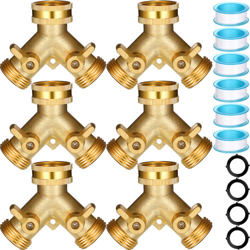 Sadnyy 6 Pack Garden Hose Splitter 2 Way Heavy Duty Water Hose Splitter Solid Brass Hose Y Splitter 2 Valves with 4 Extra Rubber Washers