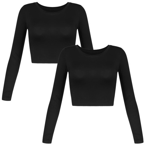 Artivaly Women's Slim Fitted Basic Round Neck Long Sleeve Solid Crop Top (2 Pack Black, Medium)