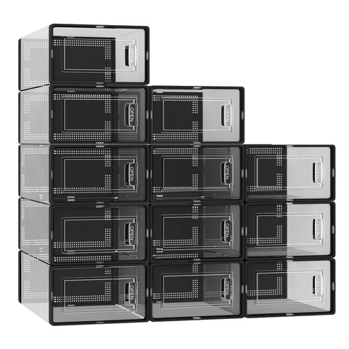 Fixwal 12 Pack Foldable Shoe Organizer for Closet, Clear Plastic Stackable Shoe Organizer Boxes with Drawers & Lids Shoe Holder Containers for Closet Bedroom Bathroom