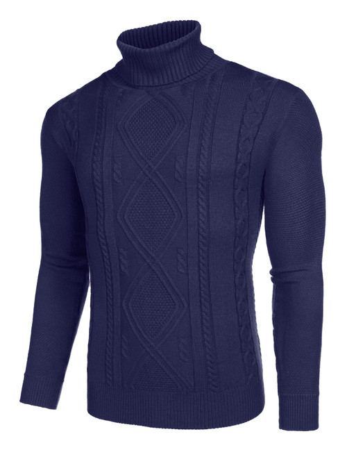 COOFANDY Mens Pullover Cable-Knit Turtleneck Sweaters Long Sleeve Comfy Sweater, Royal Blue, X-Large