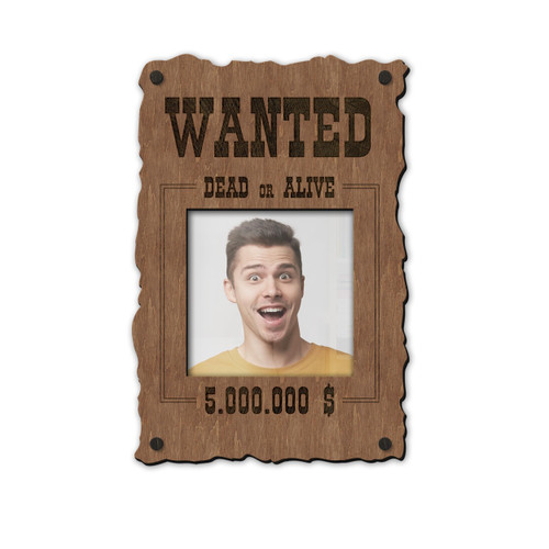 Wild West Style Wooden Picture Frame WANTED Poster with Square Photo Opening 3 Sizes and 7 Colors Available Customizable Currency Symbol Laser Engraved Dead or Alive Sign