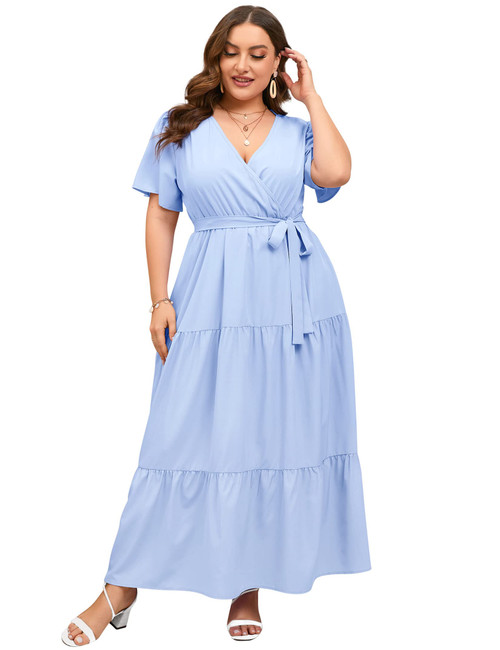 ShopWonder Womens Plus Size V Neck Wrap Maxi Dress High Waist Ruffle Summer Casual Dress with Belt Solid Light Blue 2XL