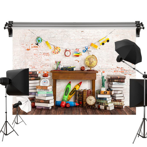 Kate 7x5ft/2.2x1.5m Back to School Backdrops Brick Wall Books Stationery Globe Backgrounds Computer Printed Cloth Background Photo Video Studio Props