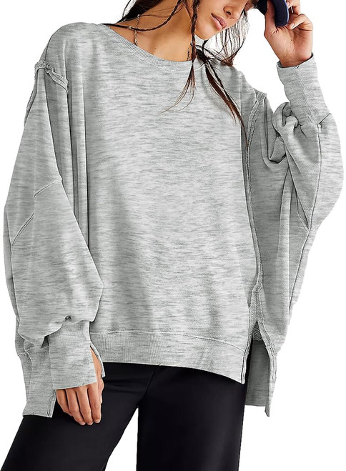 Beaully Womens Oversized Crewneck Sweatshirts Casual Long Sleeve Slouchy Pullover Tops with Side Slits 6088 Light Grey X-Large