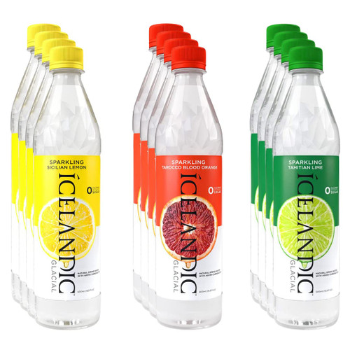 Icelandic Glacial Sparkling Water Variety Pack, Natural Flavors, Sicilian Lemon, Tahitian Lime, Tarocco Blood Orange - 16.9 Fl Oz Bottles - 12 Count - Packaged By Gsuila