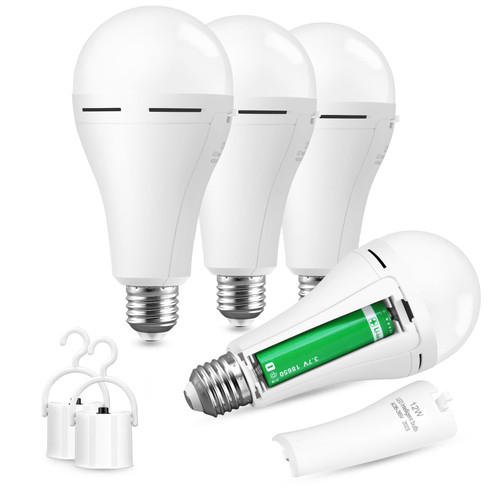 Rhomba echargeable Emergency Battery LED Light Bulb 12W Power Outage Camping Night Market Backup Bulb 1200LM 1200mAh E27/E26 (4 Pack)