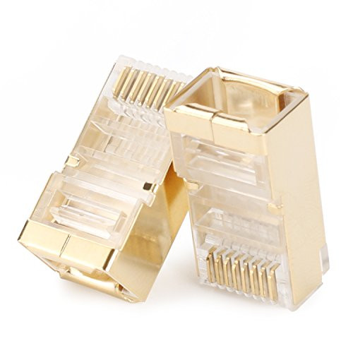 RJ45 Connector Postta Golden Shielded RJ45 CAT5E CAT6 Crimp Connector 8P8C STP Gold Plated Ethernet Cable Plug 50 Pieces