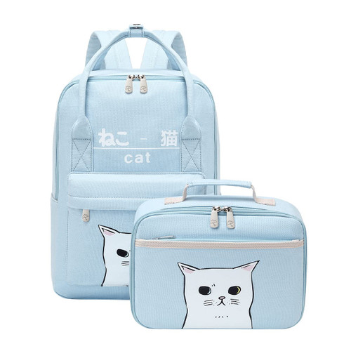 e-youth Women Girls Kawaii Cat School Backpack with Lunch Box Japanese And Korean Style Canvas Bags (Blue), One Size