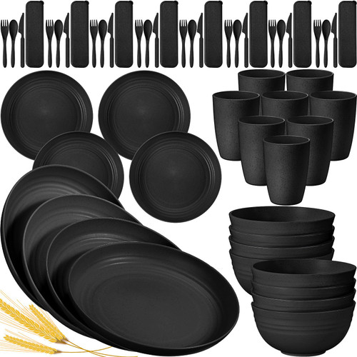 Bokon 56 Pcs Wheat Straw Dinnerware Sets Plastic Dishes Set Unbreakable Dinnerware Set Reusable Lightweight RV Camping Bowls Dishes Plates Cups Set Microwave Safe Dinnerware for Kitchen Indoor (Black)