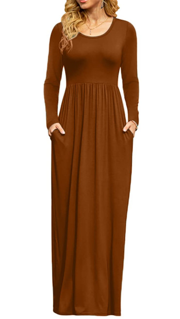 DB MOON Women Plus Size Casual Long Sleeve Brown Maxi Dresses Empire Waist Long Dress with Pocket XL