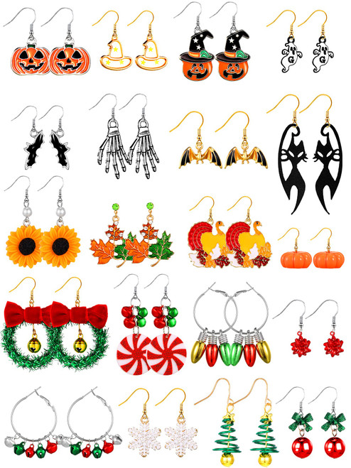 20 Pairs Halloween Earrings Holiday Fall Thanksgiving Drop Dangle Earrings Set Pumpkin Skeleton Xmas Earrings for Women Girls (Cool)
