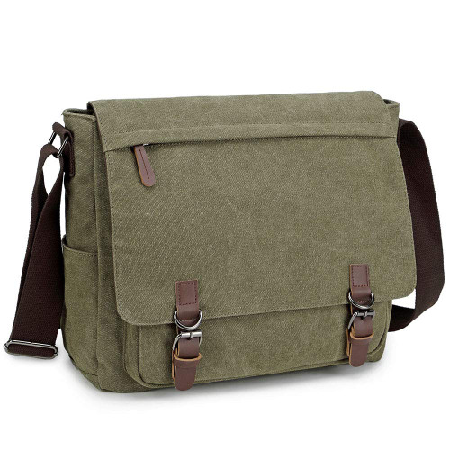 Messenger Bag for Men and Women, Retro Canvas Shoulder Bag Satchel For College fit 15.6 Inch Laptop (Army Green)