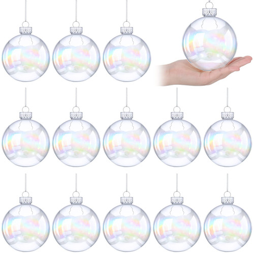 12 Pcs 4'' Iridescent Ball Christmas Ornament Christmas Plastic Baubles Clear Iridescent Fillable Ornaments Ball Iridescent Christmas Ball Ornaments for Christmas Party Birthday Wedding Decorations