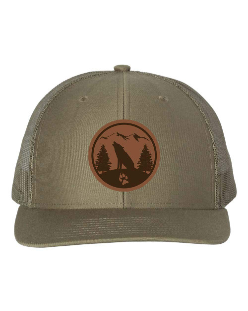 Heritage Pride Men's Wolf Footprint Wildlife Laser Engraved Circle Leather Patch Mesh Back Trucker Hat, Loden