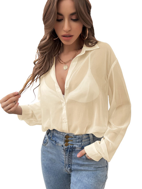 Verdusa Women's Sheer Mesh Button Down Shirt Top Long Sleeve Drop Shoulder Blouse Apricot M