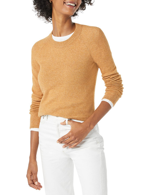 Amazon Essentials Women's Classic-Fit Soft Touch Long-Sleeve Crewneck Sweater (Available in Plus Size), Camel Heather, Large