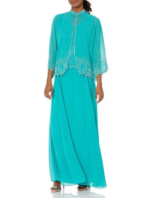 J Kara Women's Beaded Long Jacket Dress, Aqua/Multi, 14