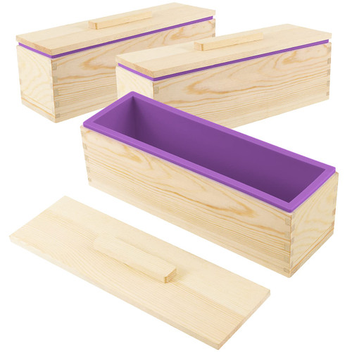 MAHIONG 3PCS 47oz Silicone Soap Molds Kit, Purple Rectangular Silicone Loaf Soap Making Molds with 3 Wooden Boxes and 3 Lids, DIY Supplies for Soap Making