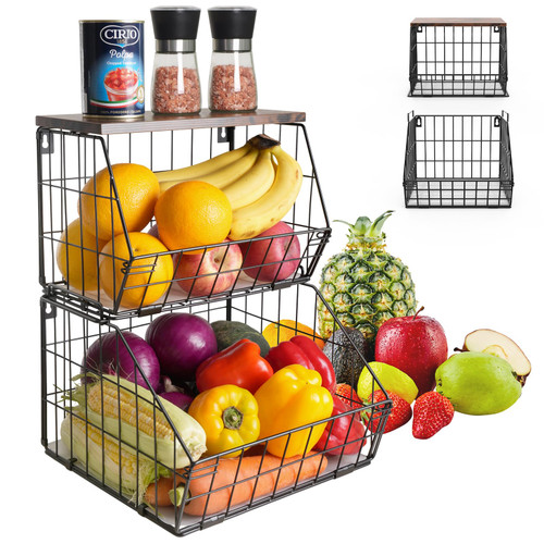 2 Pcs Stackable Fruit Vegetable Basket for Kitchen Counter, Hanging Fruit Baskets Onion Potato Storage, Wire Basket Pantry Organizer Produce Storage for Vegetable Fruits Potato Onion, Black