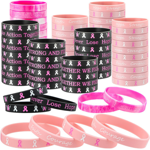Breast Cancer Awareness Bracelets Silicone Pink Ribbon Wristband, Hope Faith Strength Courage Inspiring Support Wristband (240 Pieces)