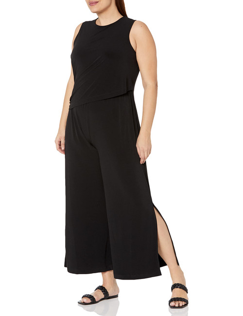 London Times Women's Plus Size Jewel Neck Side Ruched Jersey Jumpsuit, Black