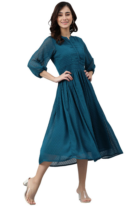 Janasya Women's Blue Poly Chiffon Self Design Western Dress