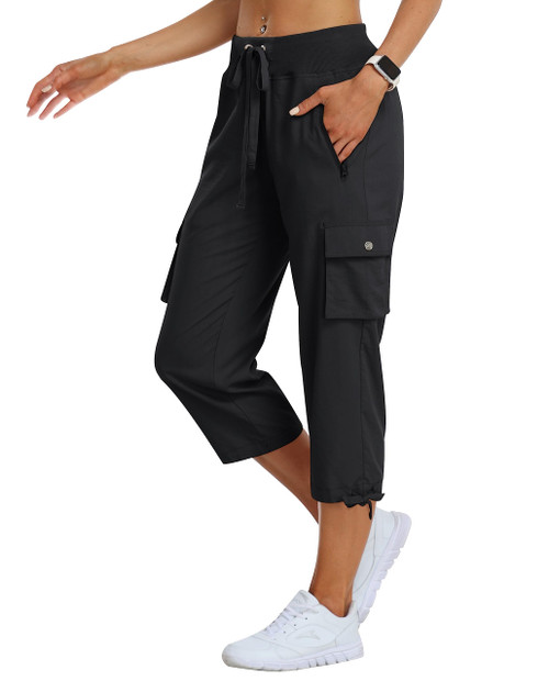 MoFiz Women's Cargo Capris Lightweight Hiking Pants Quick Dry Outdoor Athletic Travel Casual Shorts Loose Zipper Pockets Black L