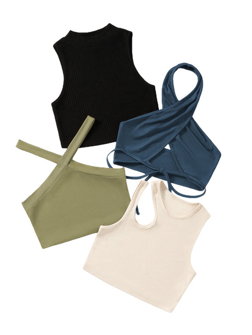 MakeMeChic Women's Casual 4 Pieces Solid Ribbed Knit Crop Tank Tops Vest Pack B Multicolored S