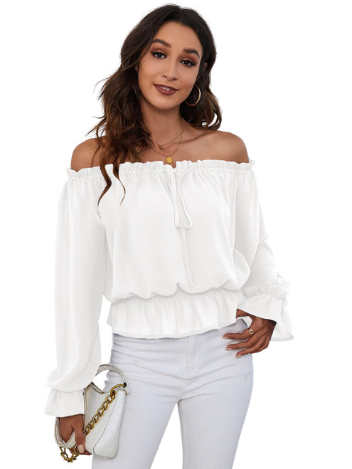 SweatyRocks Women's Long Sleeve Off Shoulder Top Elegant Tie Front Ruffle Hem Chiffon Blouse Solid White XL