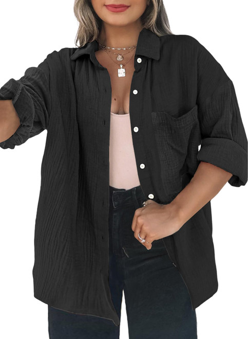 Eytino Womens Plus Size Button Down Shirt Loose Solid Color Long Sleeve Boyfriend Blouses Tops, Black 3X