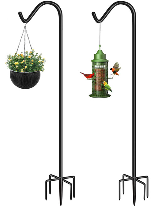 Eazielife Shepherds Hook for Outdoor Bird Feeders Pole 76 Inch Tall, Adjustable Heavy Duty Garden Hanger Stake Pole with 5 Prong Base, Shiny Black (2 Packs)