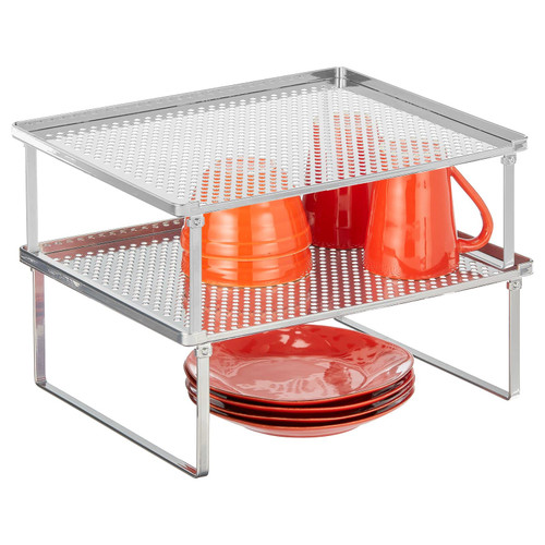 mDesign Metal Kitchen Shelf Organizer Rack - Stacker Storage Risers for Cabinet, Counter, Cupboard, or Pantry - Holder Stand for Plates, Dishes, Cups, Bowl, and Glasses - 2 Pack - Chrome