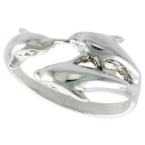 Sterling Silver Triple Dolphin Ring Polished Finish 1/2 inch Wide, Size 6.5