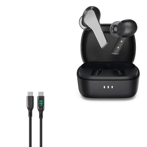 BoxWave Cable Compatible with Lenovo Smart Wireless Earbuds - PowerDisplay PD Cable (6ft) - USB-C to USB-C (100W), LED Display 6 Foot PD Braided Nylon Cable - Jet Black