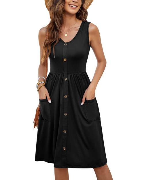 MOLERANI Women's Casual Dresses Pleated V Neck Sleeveless Button Down Solid Color Summer Dress(Black,S) MOLERANI Women's Casual Dresses Pleated V Neck Sleeveless Button Down Solid Color Summer Dress(Black,S)