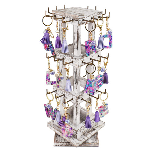 Ikee Design Natural Wood Rotating 36 Hooks Jewelry Tower, Spinning Earring Card Storage Display Holder Stand for Store, Showcase, Tradeshow and Home, Antique White Color