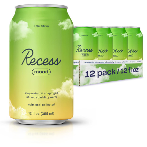 Recess Mood Magnesium Supplement Drink Calming Beverage, 12 Ounce, Pack of 12 (Lime Citrus, 12 Pack)