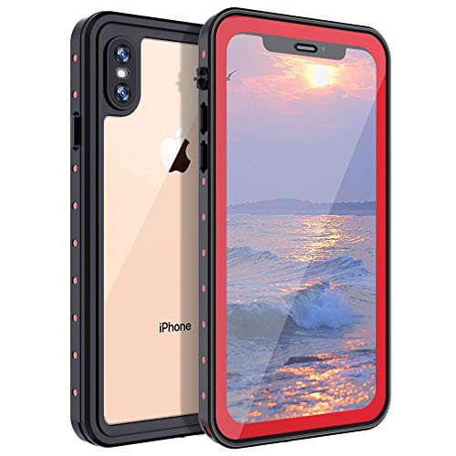 Casetego Compatible iPhone Xs Max Waterproof Case,Underwater Cover Full Body Protective Snowproof Dirtproof Shockproof IP68 Certified Waterproof Case for Apple iPhone Xs Max 6.5",Red/Clear