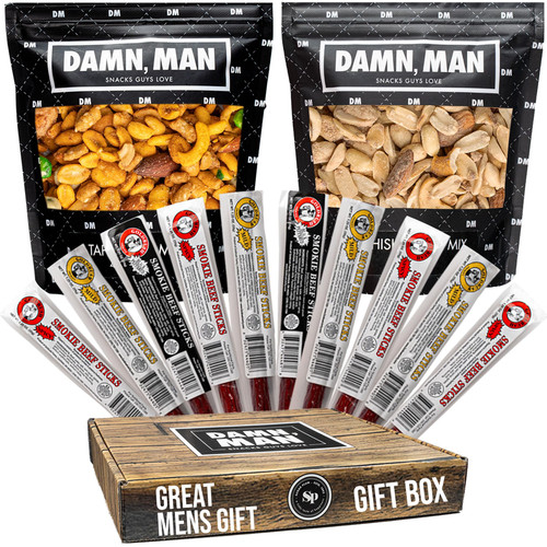 Beef Jerky Gift Basket for Men with Nuts - 12 pc, Great Gift for Dad, Husband, Birthday Gift for Men, Unique Snack Variety Pack or Care Package for Men Who Have Everything, Tastes Great with Beer