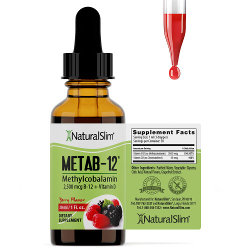 NaturalSlim Metab-12 - Liquid Vitamin B12 Sublingual Supplement 2500 mcg with Vitamin D3 Oral Drops - Methylcobalamin B12 for Metabolism & Energy Booster - Berry Flavor Gluten Free - 1 fl oz