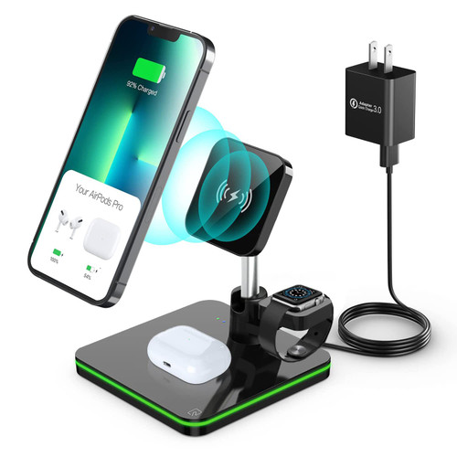 Magnetic Wireless Charger for Mag-Safe Charger Stand, Foldable 3 in 1 Wireless Charing Station for Multiple Devices, 15W Charging Stand for Apple iPhone 15 14 12 13 Pro/Max,AirPods 2/3/Pro,Apple Watch