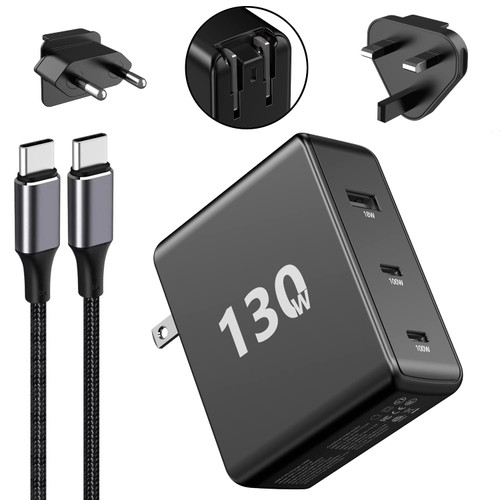 100W USB C Charger, 3 Port 130W GaN Wall Charger Block Travel Portable PD Fast Charging Station Power Adapter for MacBook Pro/Air, iPad, iPhone 14 13, Galaxy S22, Type C Laptop, with Cable UK/EU Plug