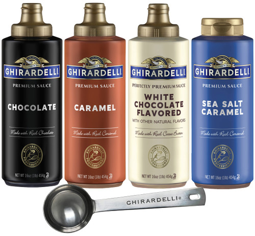 Ghirardelli Chocolate, Caramel, White Chocolate and Sea Salt Caramel Flavored Sauce 16 oz Bottles (Pack of 4) with Ghirardelli Stamped Barista Spoon Ghirardelli Chocolate, Caramel, White Chocolate and Sea Salt Caramel Flavored Sauce 16 oz Bottles (Pack of 4) with Ghirardelli Stamped Barista Spoon