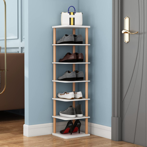 LUCKNOCK 7 Tiers Vertical Shoe Rack, Narrow Shoe Organizer, Stylish Wooden Shoe Storage Stand, Space Saving Shoe Shelf, Shoe Tower, Free Standing Shoe Racks for Entryway, No-Tool Assembly, White.